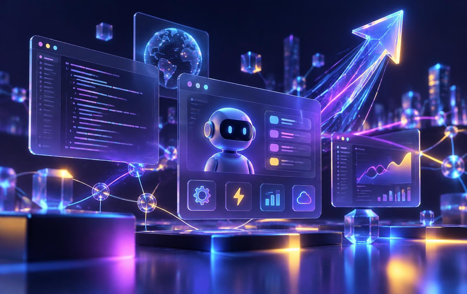 Floating code editors, an AI agent dashboard and an upward arrow over a network of connected systems